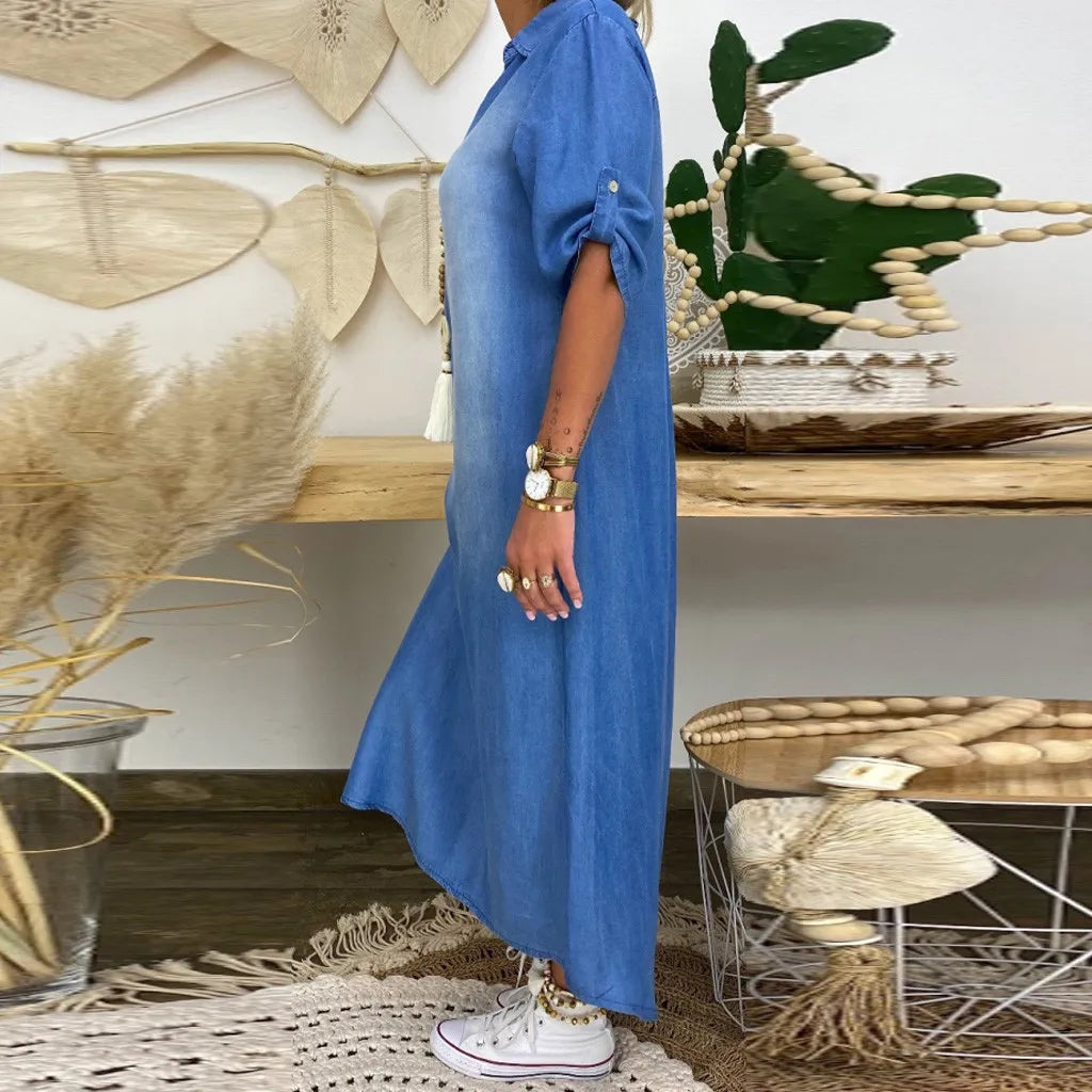 Lea™ | Robe longue en denim avec fente latérale