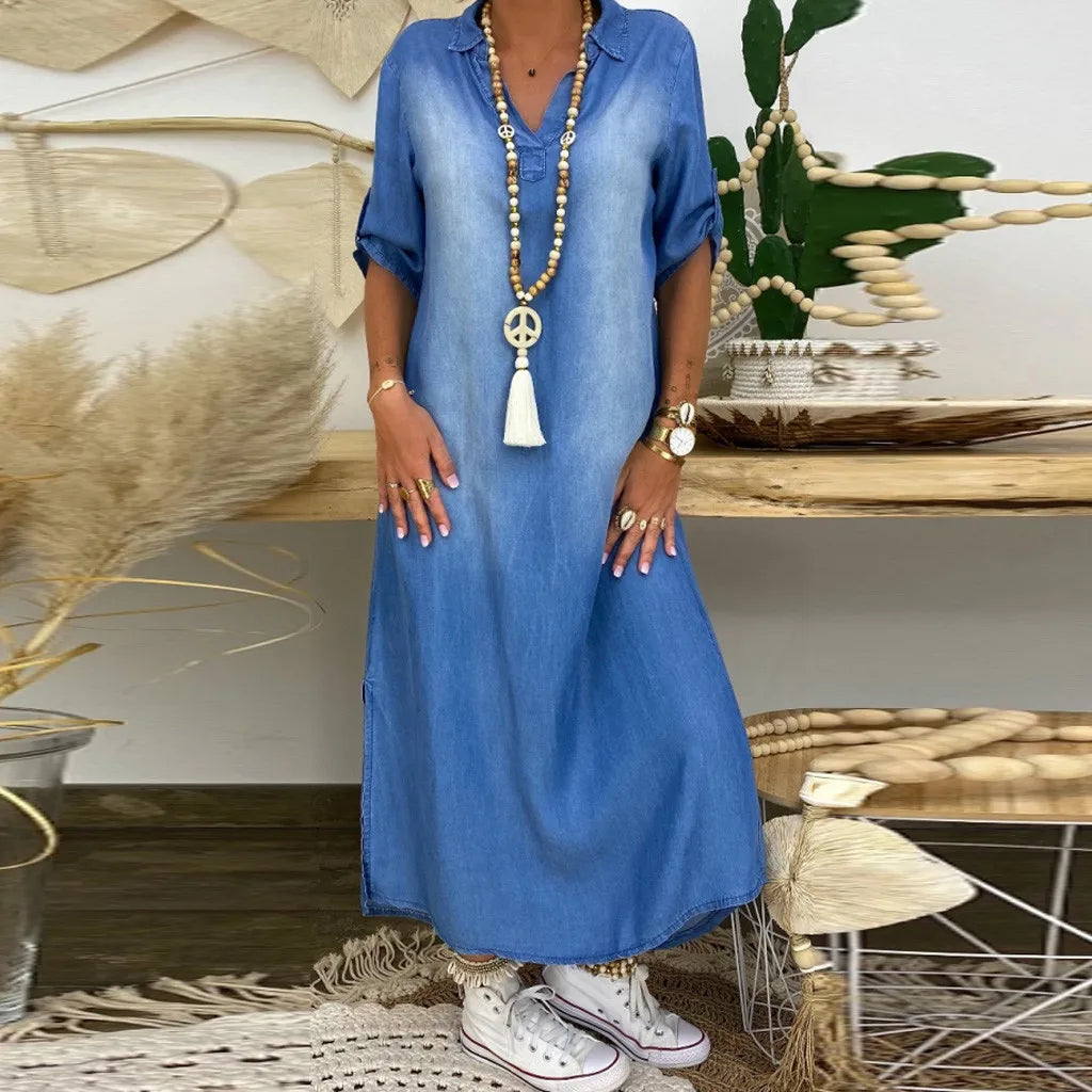 Lea™ | Robe longue en denim avec fente latérale