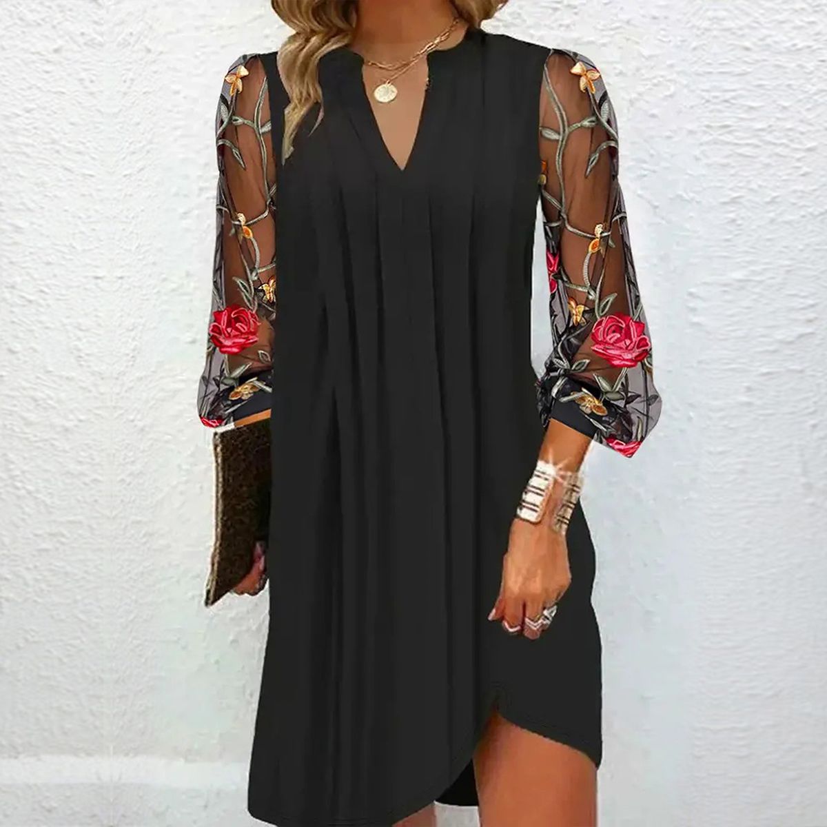 Alina | Robe Mini Élégante avec Décolleté en V et Manches Transparentes