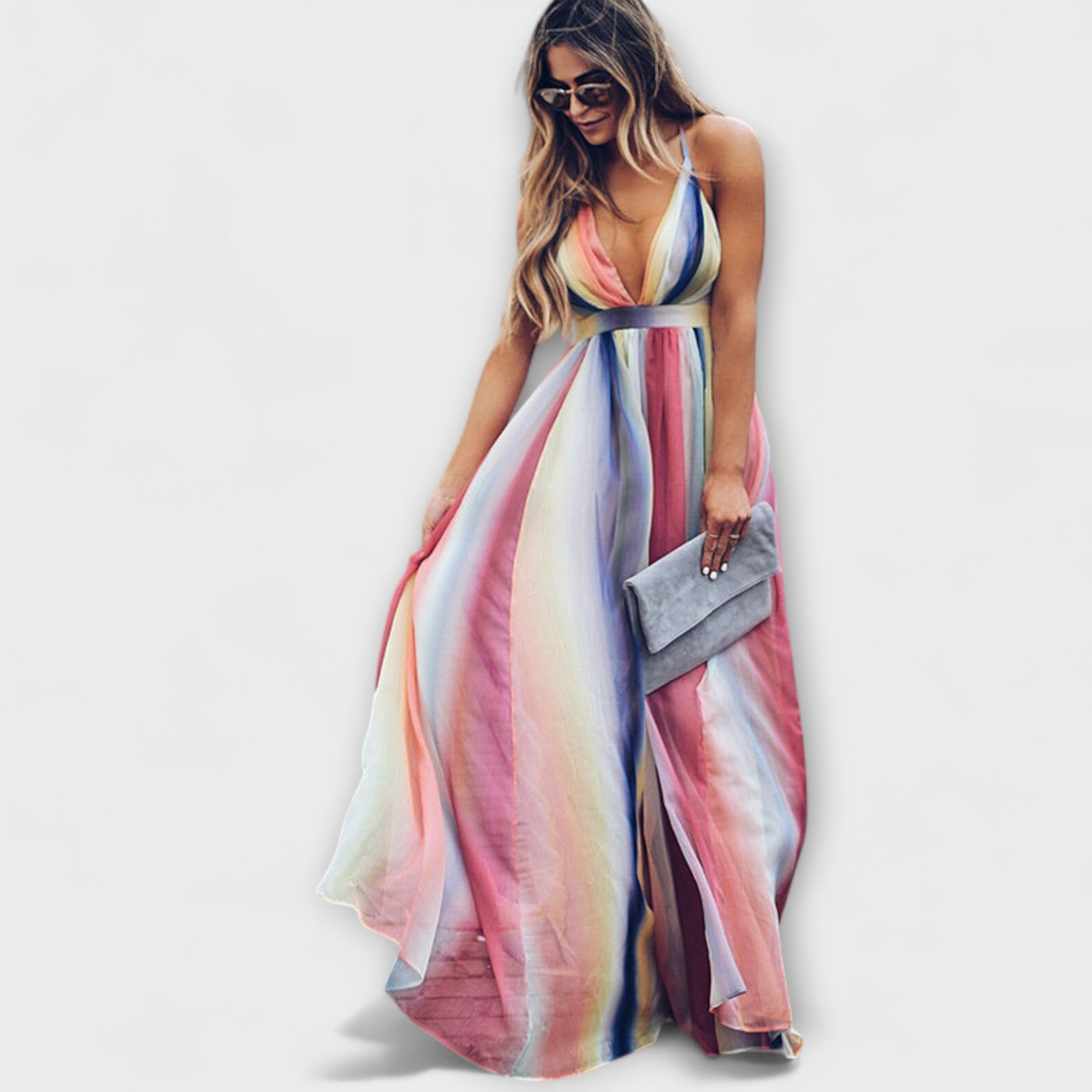 Robe maxi femme à rayures multicolores avec décolleté en V