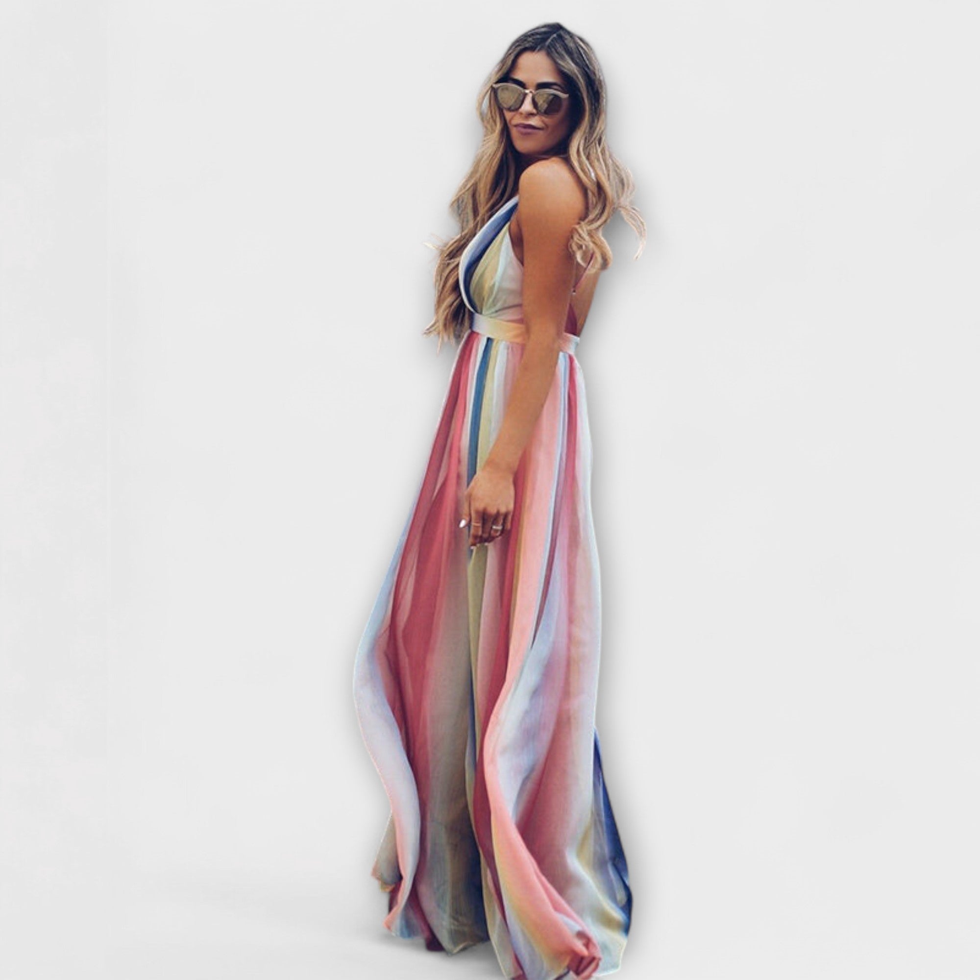Robe maxi femme à rayures multicolores avec décolleté en V