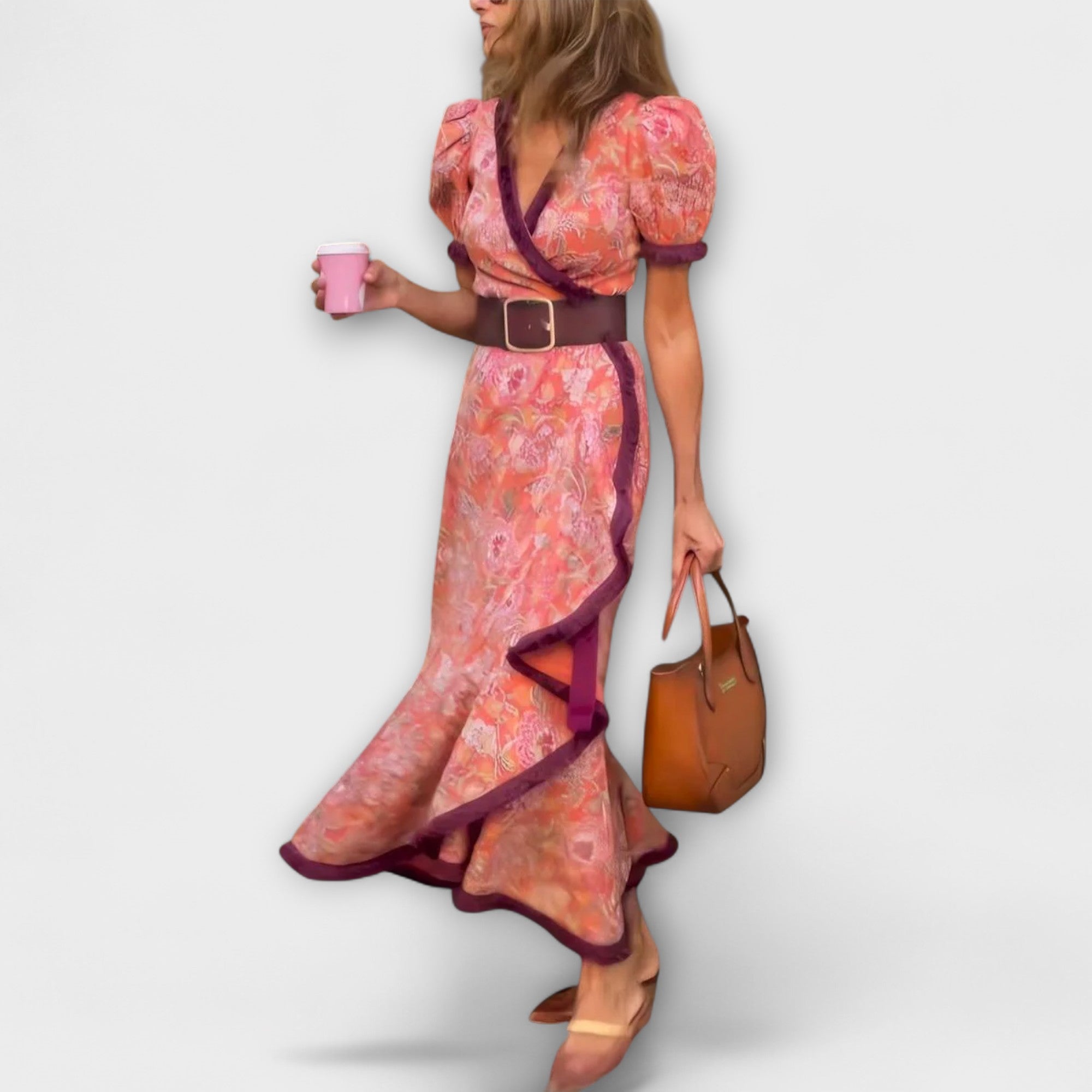 Robe Maxi Rose Élégante à Manches Courtes