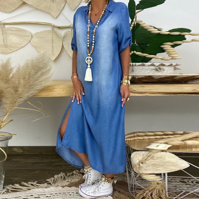 Lea™ | Robe longue en denim avec fente latérale