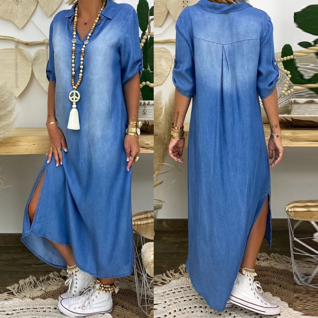 Lea™ | Robe longue en denim avec fente latérale