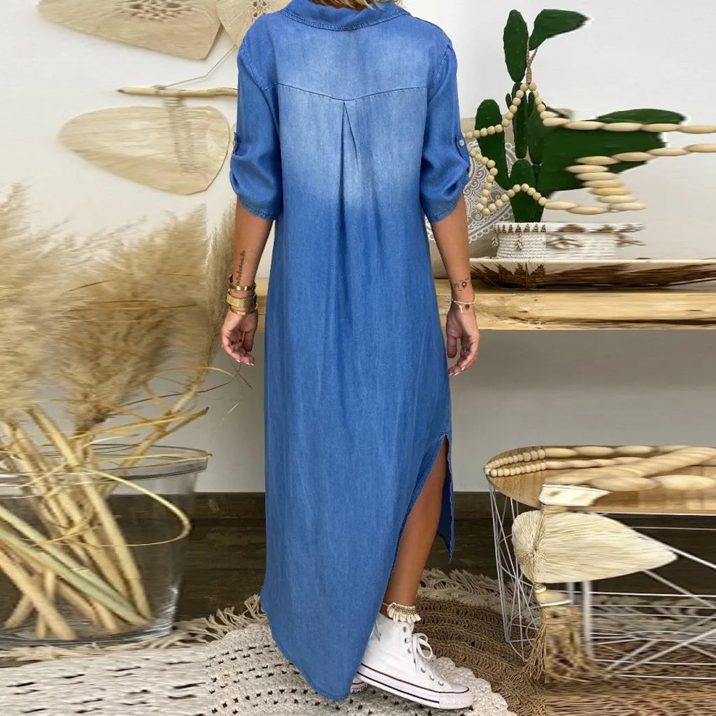 Lea™ | Robe longue en denim avec fente latérale