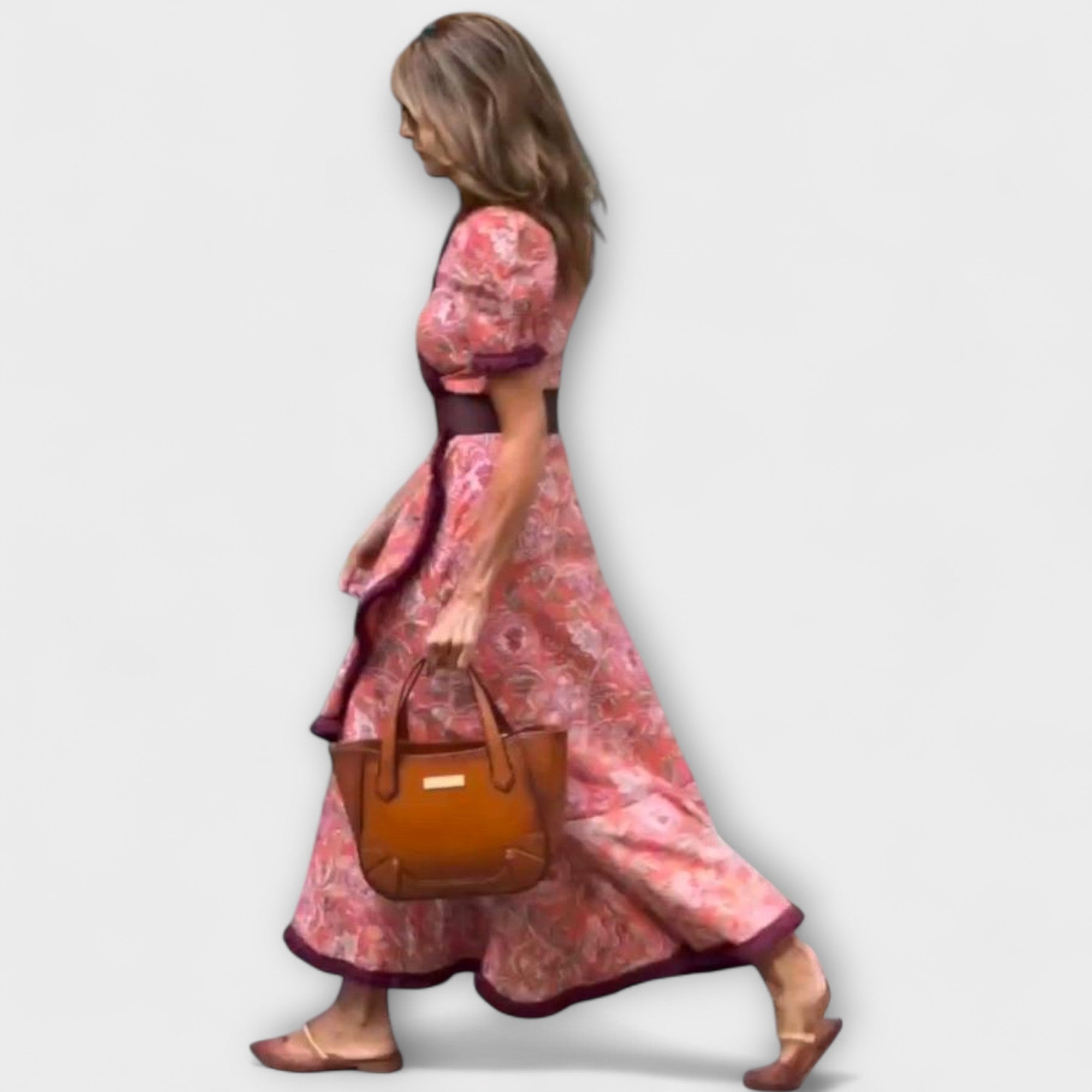 Robe Maxi Rose Élégante à Manches Courtes