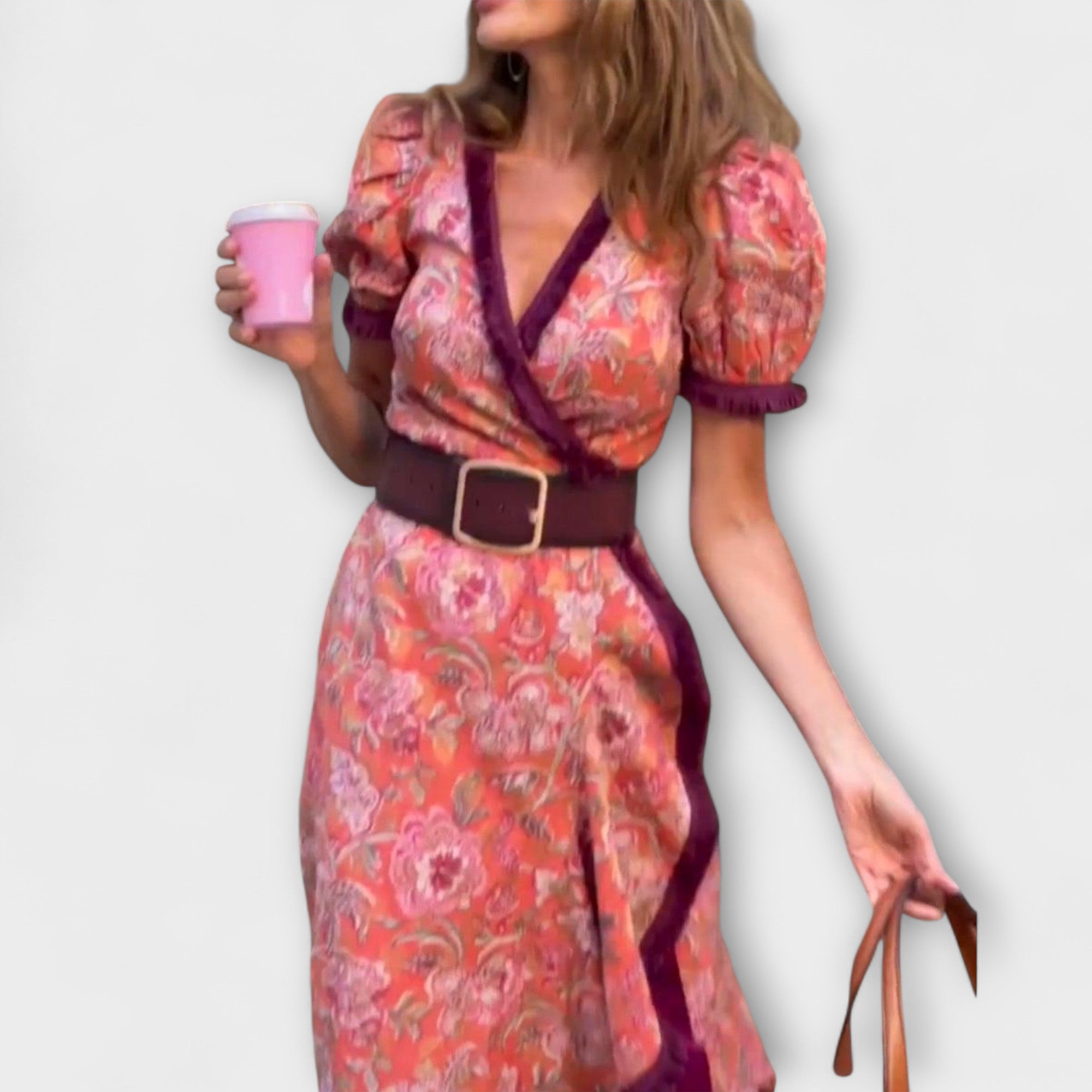 Robe Maxi Rose Élégante à Manches Courtes