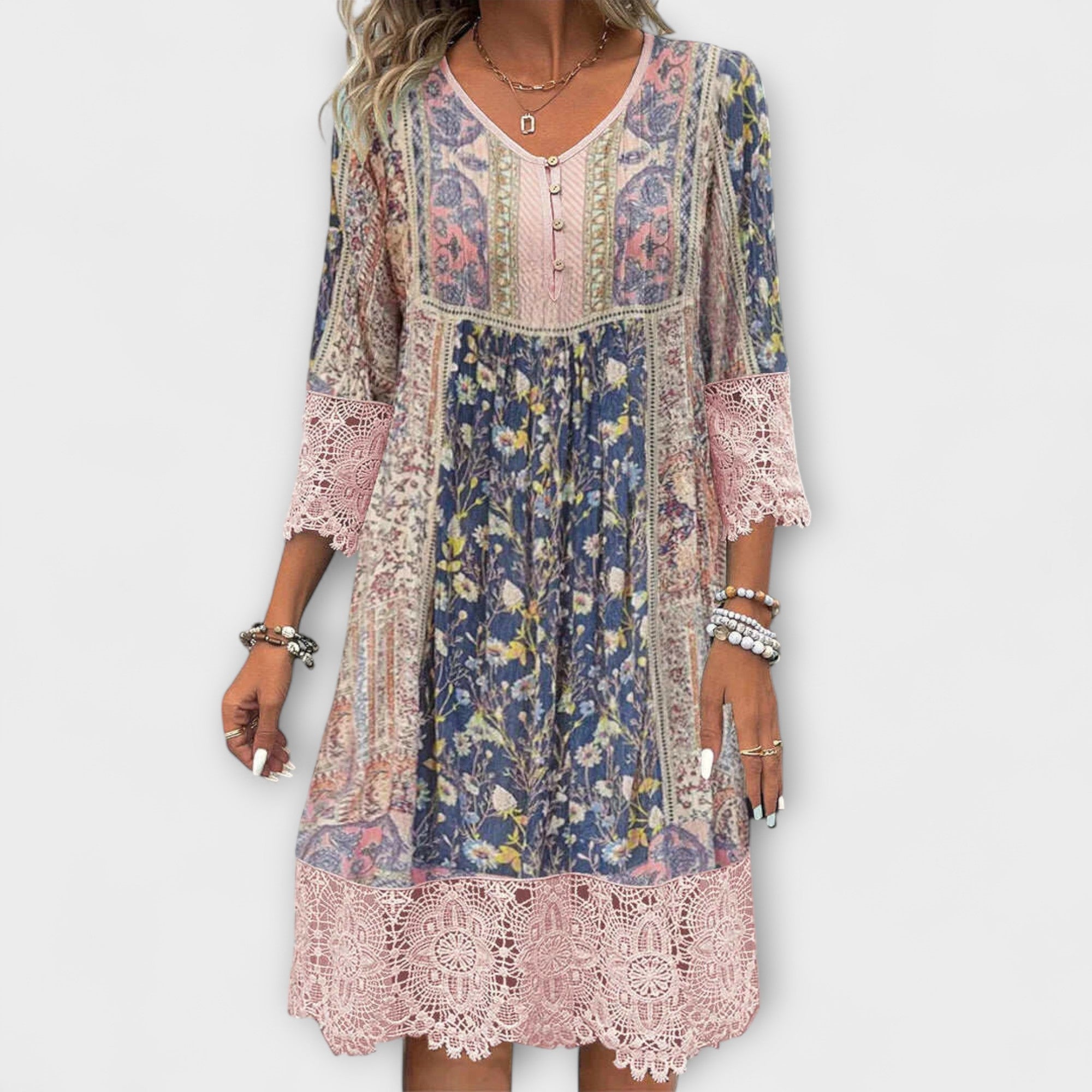 Casey - Robe boho avec dentelle et motif floral vintage