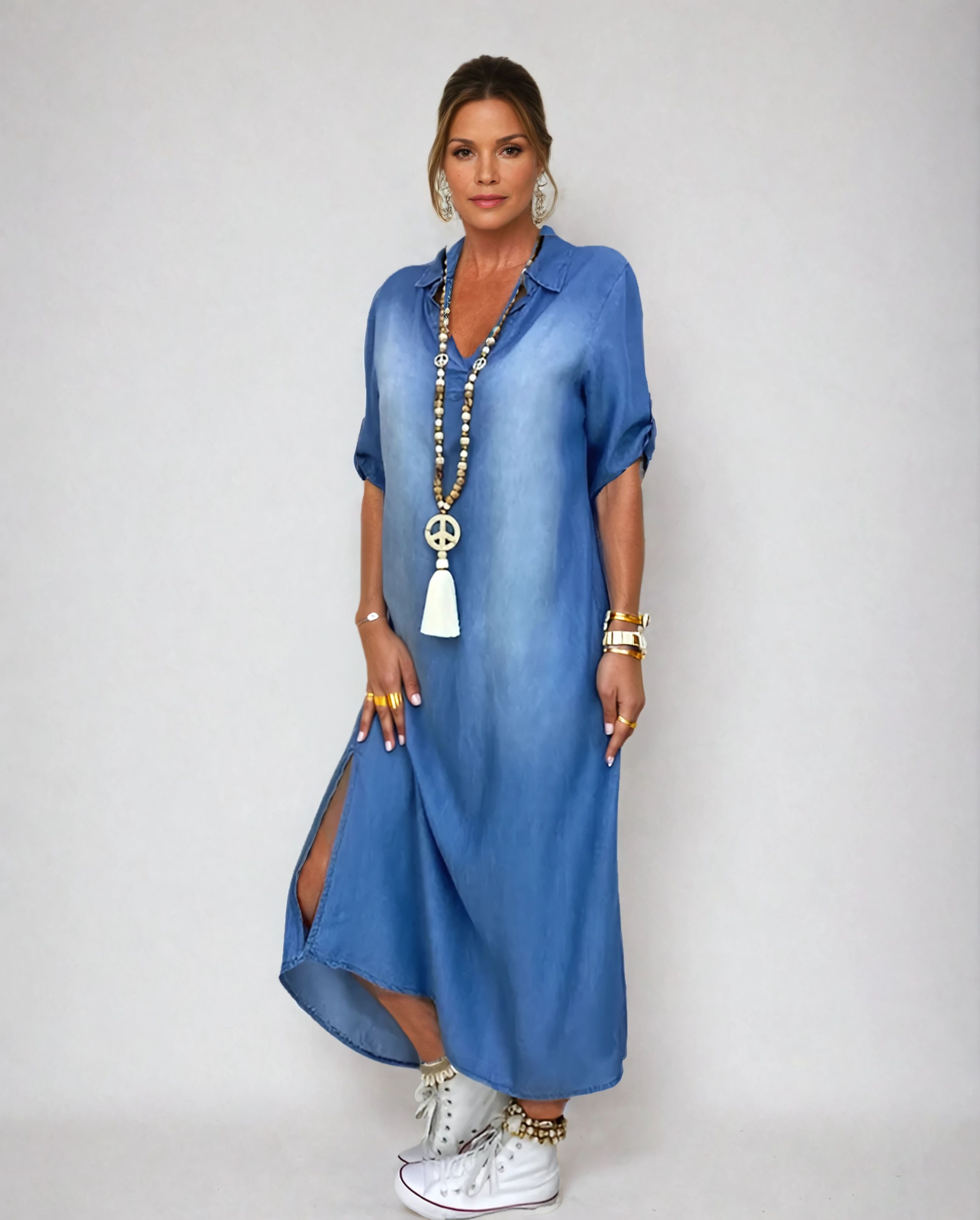 Lea™ | Robe longue en denim avec fente latérale