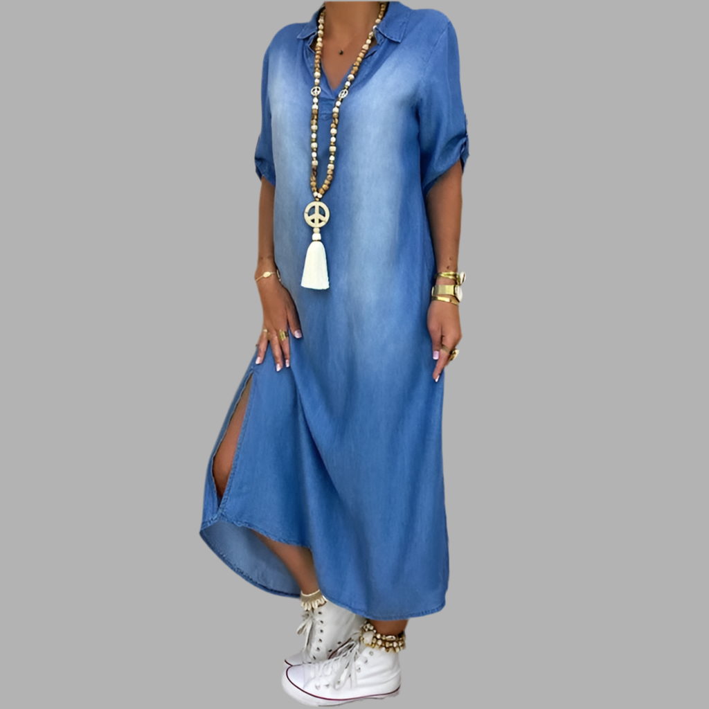 Lea™ | Robe longue en denim avec fente latérale