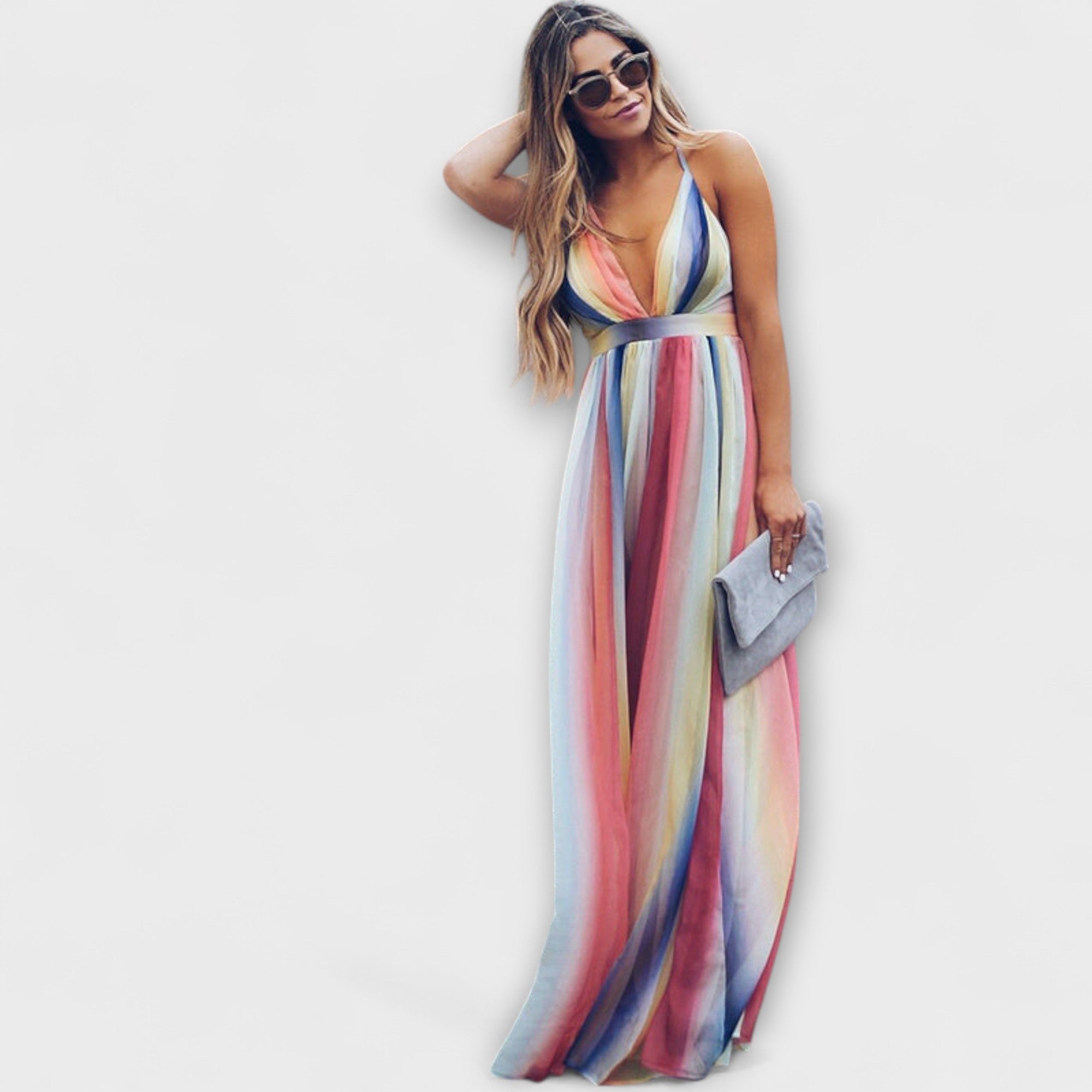 Robe maxi femme à rayures multicolores avec décolleté en V