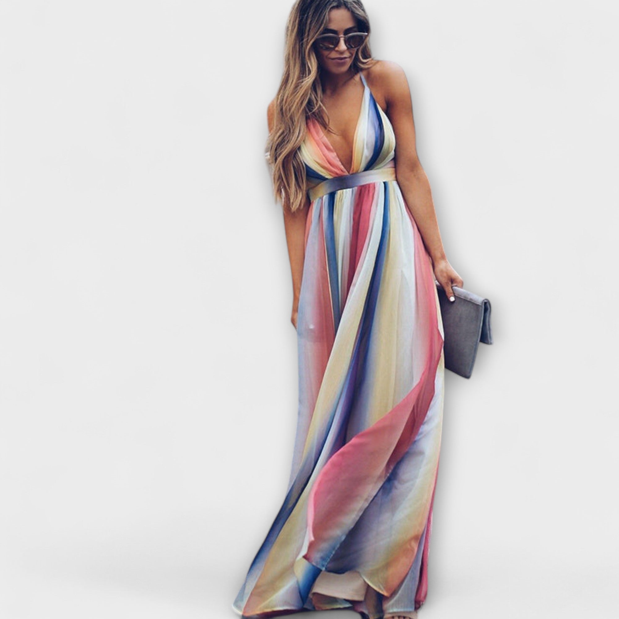 Robe maxi femme à rayures multicolores avec décolleté en V