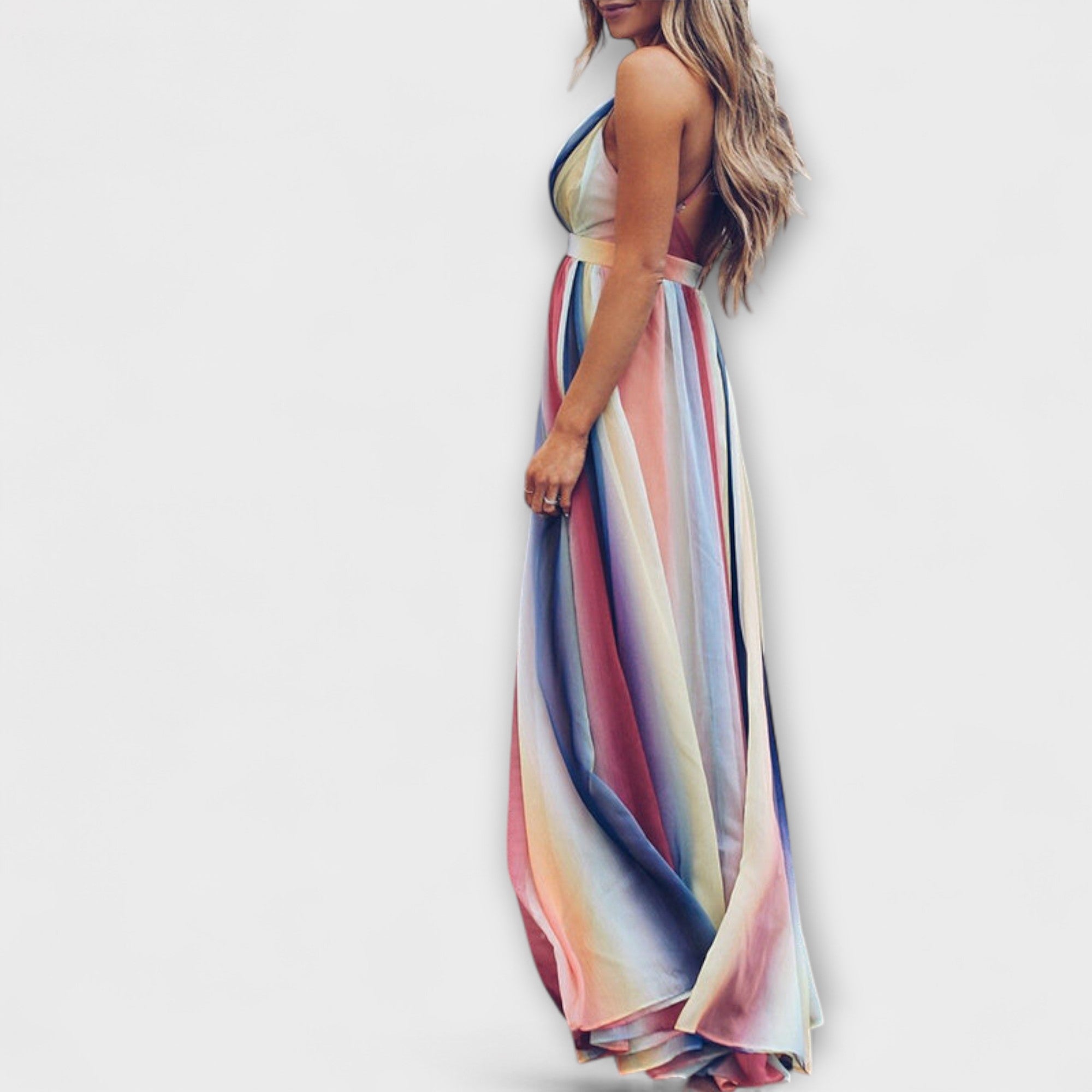 Robe maxi femme à rayures multicolores avec décolleté en V
