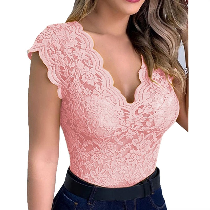 Top Kanten – Élégant Haut à Décolleté en V avec Motif Floral