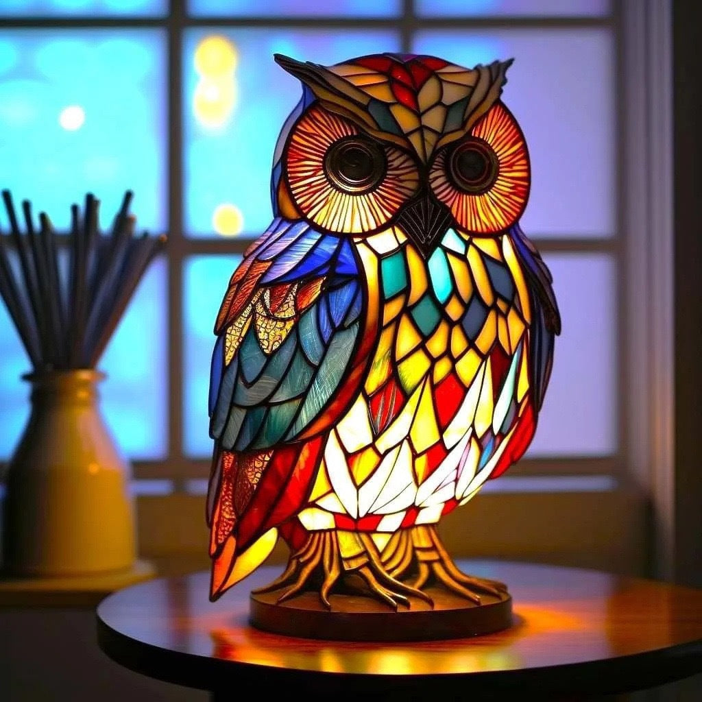 Merlin | Lampe hibou magique en verre coloré