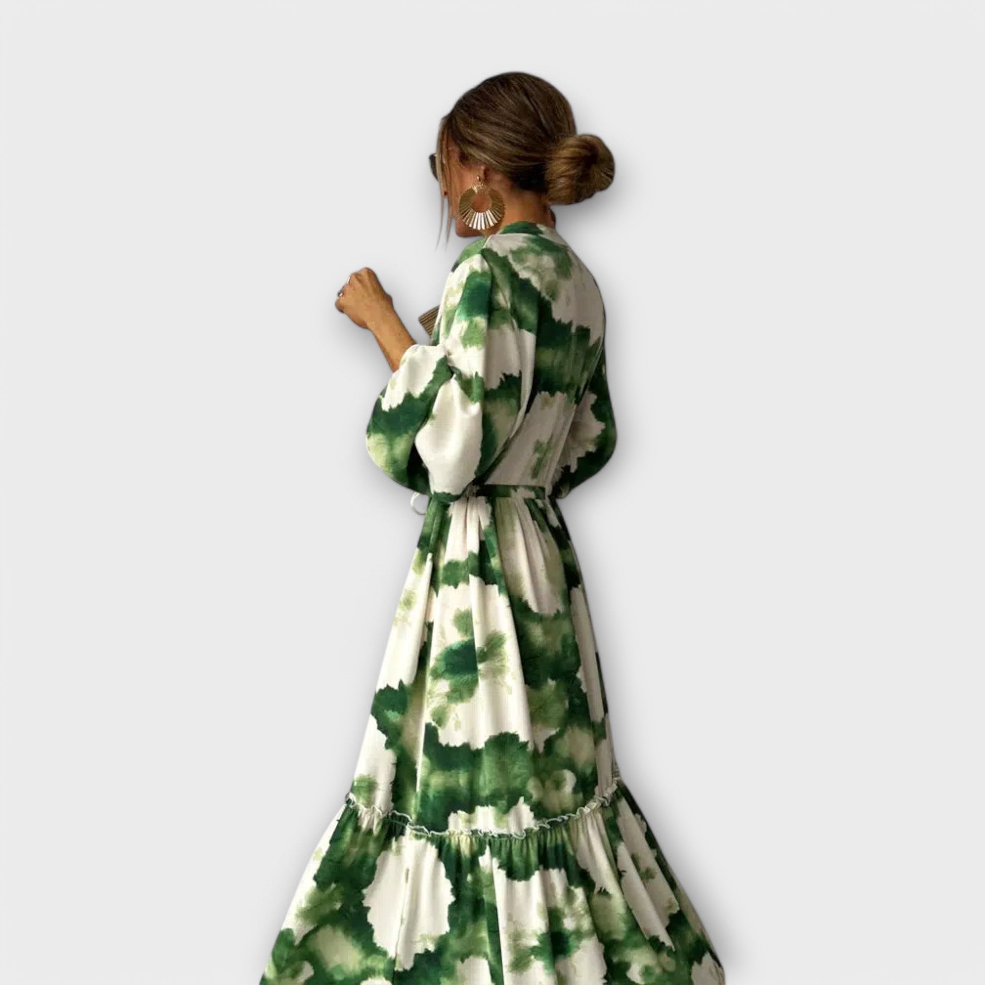 Melina - Robe Maxi Verte à Manches Longues et Décolleté en V
