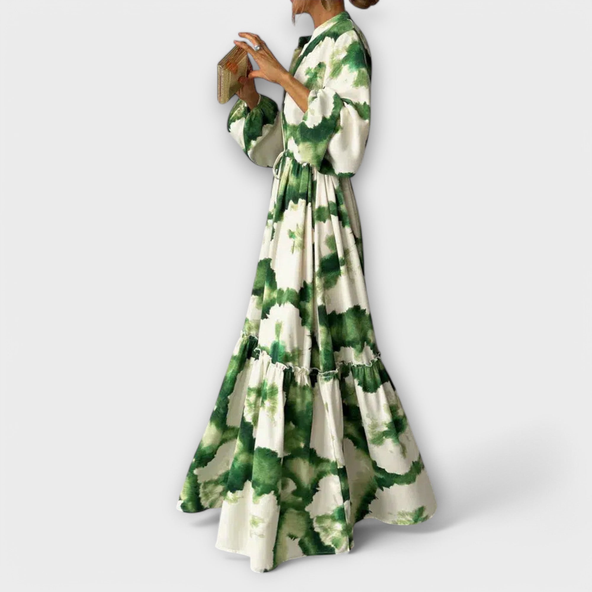 Melina - Robe Maxi Verte à Manches Longues et Décolleté en V