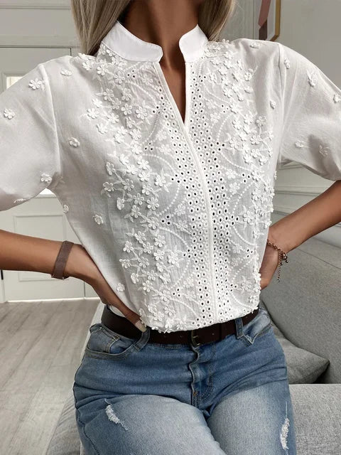 Blouse Femme - Coton Léger - Broderie - Coupe Normale - Col Mao - Manches Mi-Longues