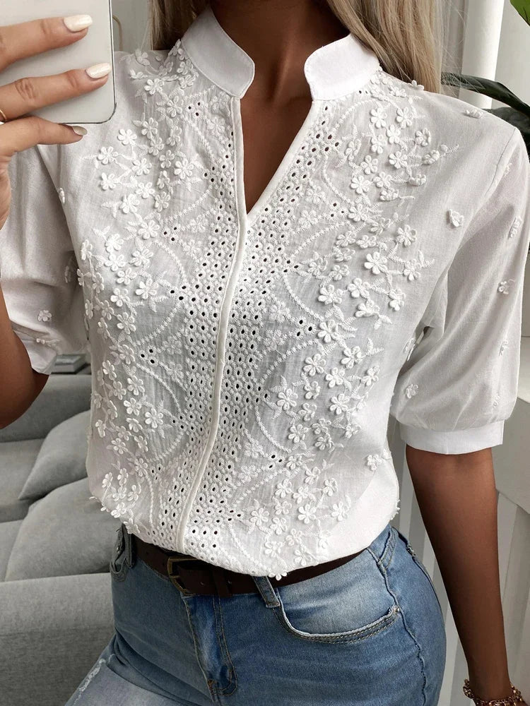 Blouse Femme - Coton Léger - Broderie - Coupe Normale - Col Mao - Manches Mi-Longues