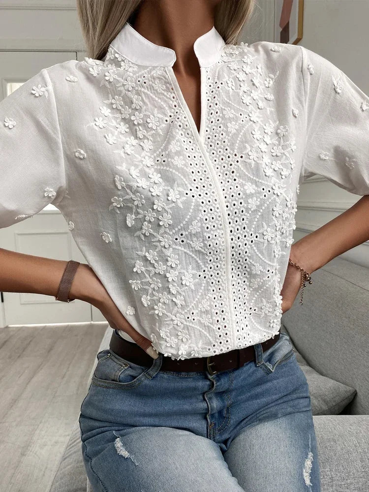 Blouse Femme - Coton Léger - Broderie - Coupe Normale - Col Mao - Manches Mi-Longues