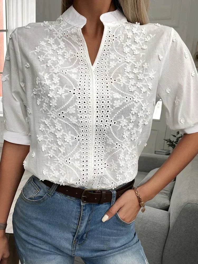 Blouse Femme - Coton Léger - Broderie - Coupe Normale - Col Mao - Manches Mi-Longues