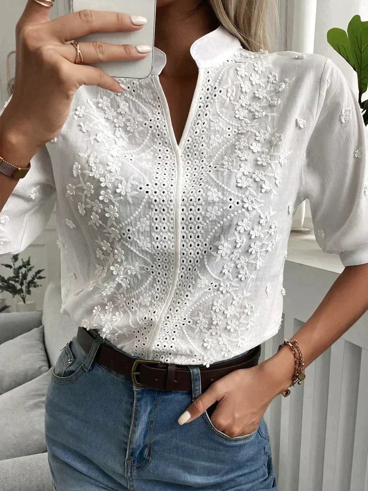 Blouse Femme - Coton Léger - Broderie - Coupe Normale - Col Mao - Manches Mi-Longues