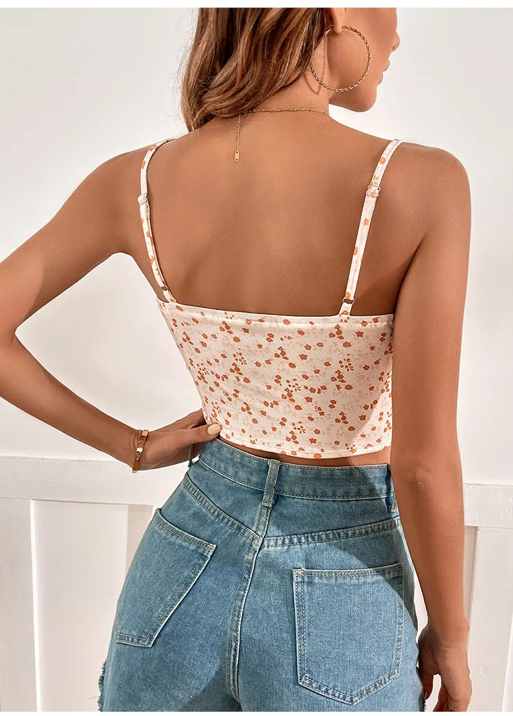 Crop Top d'Été avec Motif Floral et Bretelles Ajustables
